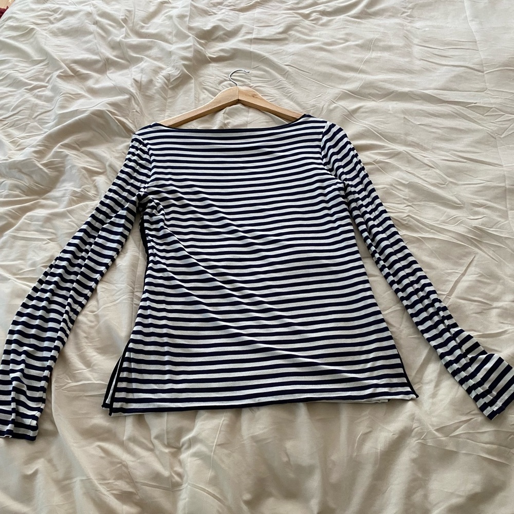 White House Black Market Navy Blue and White Striped Top